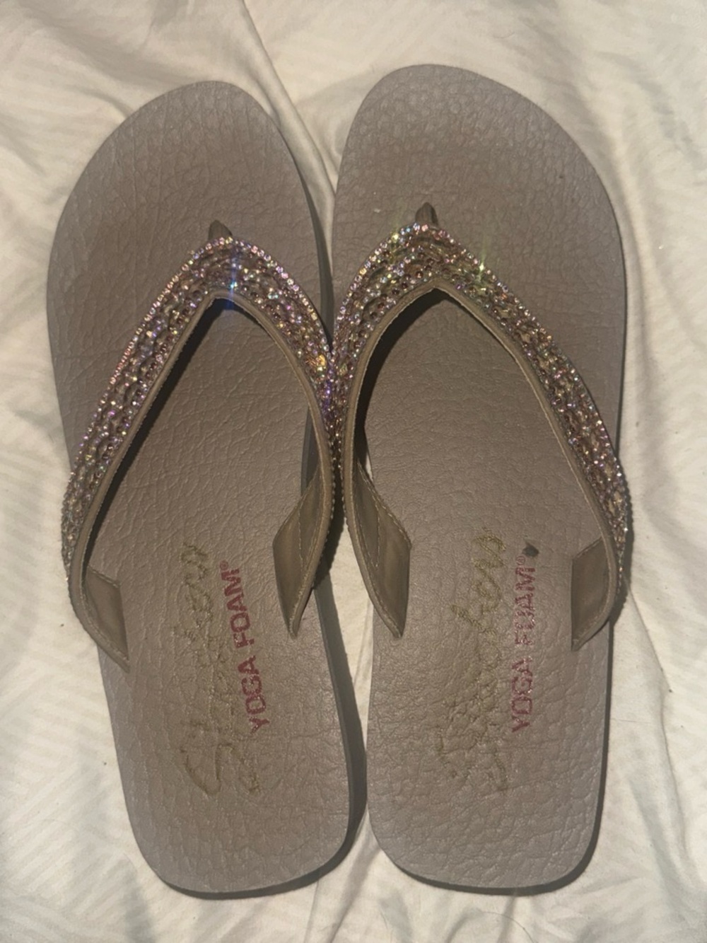 Skechers Taupe Rhinestone-Trim Yoga Foam Thong Sandals